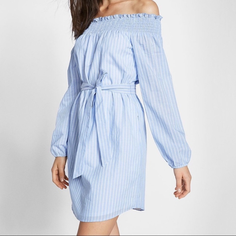 Express XS Off The Shoulder Blue Striped Dress